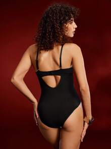 EmpressEnvy 1pc Women's Fashionable Luxury Lace Strap Hookless Wireless Cup Jumpsuit - Black - View 2