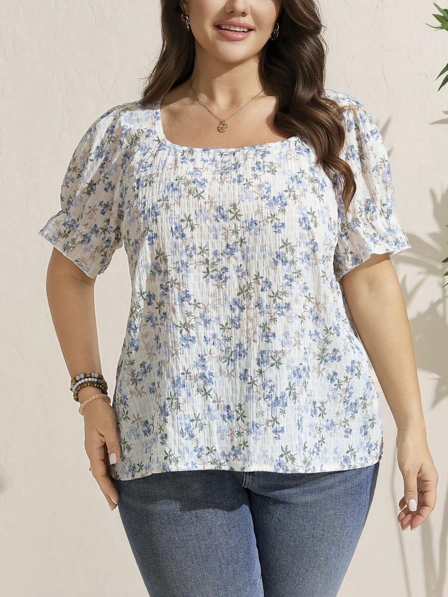 Comfylo Áo sơ mi ngắn tay in hoa thời trang đa năng dành cho nữ cỡ lớn, thích hợp mặc hàng ngày. - Nhiều màu - Xem 1