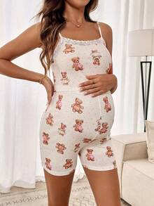 SHEIN 2 件套孕妇对比色蕾丝可爱熊吊带背心和可调节腰部短裤，休闲装 - 白色 - 查看 8