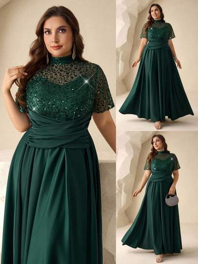 Coutiva Luxury Evening Gown, High-End Formal Dress, Elegant Sparkling Glamorous Celebrity Style Elegant Dress Curve Formal Evening Gown Green Elegant Dress Women Plus Size Sequin Patchwork Off Shoulder Formal Evening Gown Green Formal Evening Gown Off Shoulder Formal Dress Green Long Formal Dress Green Satin Dress Black Bridesmaid Dress Luxury Evening Gown, Sequin And Pearl Cuff Design, Elegant Party Dress For Ladies, Long Sleeve Formal Dress, For Wedding Guest, Graduation, Dinner Plus Size Green Dress Dark Green Formal Dress Plus Size Formal Dress Green Sequin Dress Plus Size Evening Dress  Graduation Ceremony, School Opening, Music Festival, Birthday Party, Wedding, Afternoon Tea Gathering, Ball