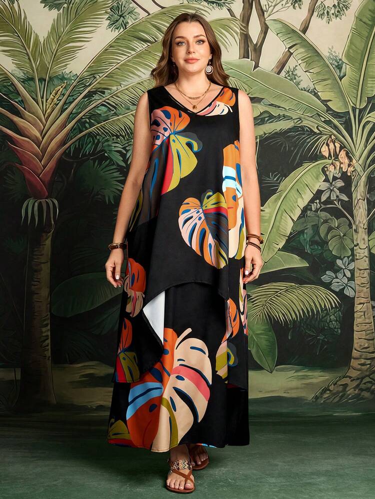 Plus Size Summer Vacation Leaf Print V-Neck Sleeveless Dress Summer Outfits Beach Vacation Outfits For Women Floral Dress BOHO Clothes Women's Summer Dresses Resort Wear Women Vacation Dress Women's Summer Outfits Women Casual Dresses Summer Outfits For Women Beach Outfit For Women Casual Vacation Outfits Women Country Concert Outfit Peplum