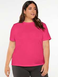 EMERY ROSE Plus Size Women's Solid Color Round Neck Short Sleeve Casual Versatile T-Shirt - Hot Pink - View 4