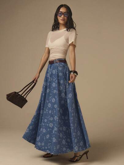 COSMINA Denim Women's Elegant Floral Jacquard Denim Skirt, Versatile For Commuting, Office, And Outings, Suitable For Early Spring Long Skirts For Women