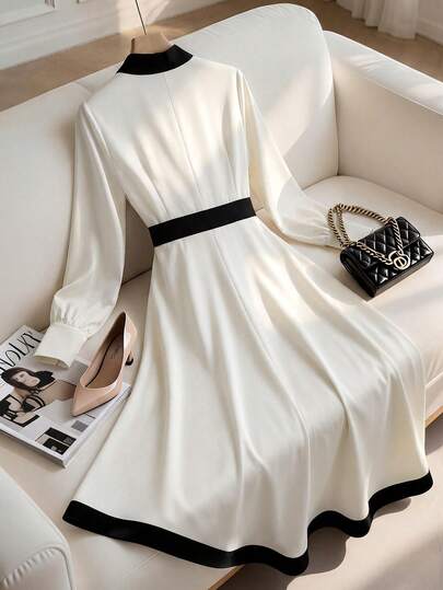 GlowEve CURVE French Elegant Patchwork Contrast Color V-Neck Tie Bow Dress For Women