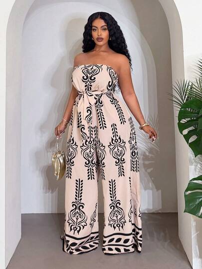 Slaydiva Spring/Summer New Sleeveless Backless Tube Jumpsuit With Belt, Floral Print, Wide Leg, Bohemian Style, For Vacation, Casual, Party, Beach, Cruise, Plus Size