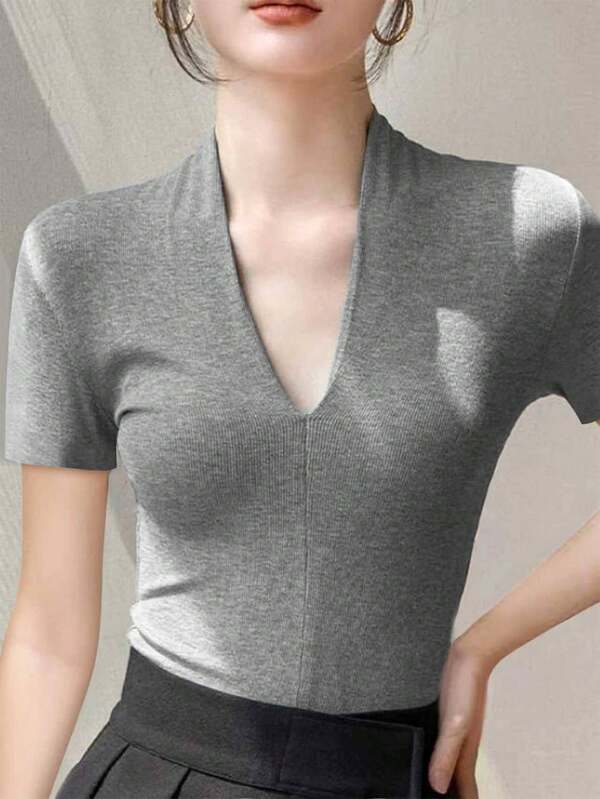 EMERY ROSE Women's Casual Solid Color Short Sleeve T-Shirt, Versatile For Summer