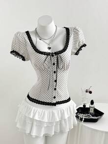 Elamini 复古甜美方领撞色蕾丝荷叶边波点泡泡袖修身衬衫，夏季 - 杏色 - 查看 6