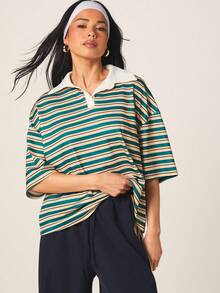 MISSGUIDED Women's Oversized Striped Polo Short Sleeve Collared Top With Horizontal Multi Color Pattern Casual Summer Retro Vintage Style Teal Cream - Green - View 5
