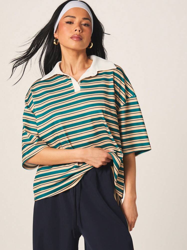 MISSGUIDED Women's Oversized Striped Polo Short Sleeve Collared Top With Horizontal Multi Color Pattern Casual Summer Retro Vintage Style Teal Cream