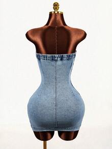 Mistrie Women's Sexy Fitted Tube Top Mini Denim Dress - Blue - View 2