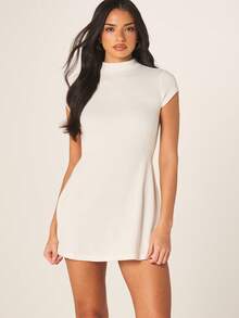 MISSGUIDED Women's Ribbed Knit High Neck Short Sleeve Bodycon Mini Dress Fitted Casual Day Evening Wear - White - View 5