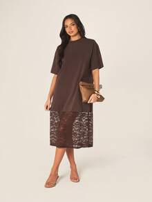 MISSGUIDED Women Brown Crew Neck Short Sleeve Midi Dress With Lace Panel Overlay Casual Day Evening Wear - Brown - View 5
