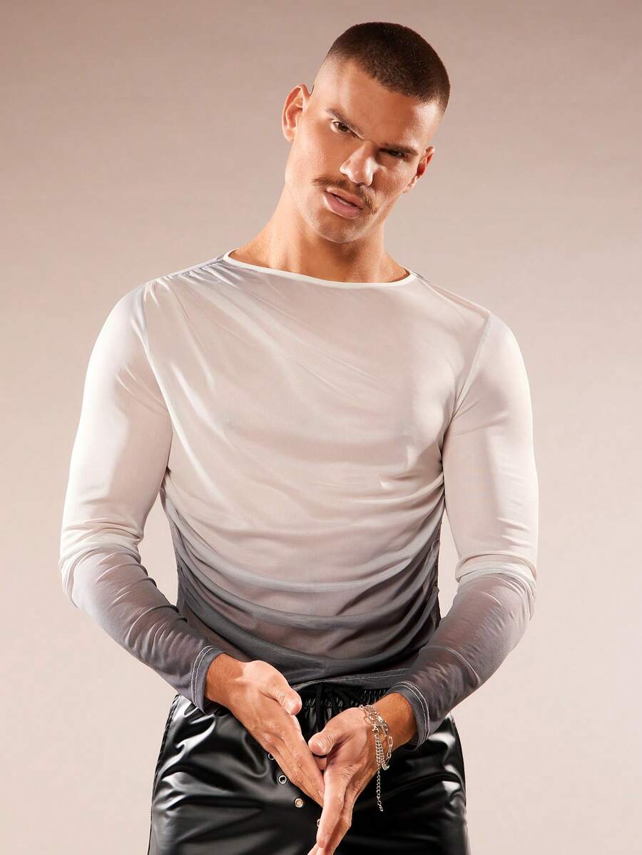 FeverCity Men's Gradient Mesh Round Neck Long Sleeve T-Shirt - Grey - View 1
