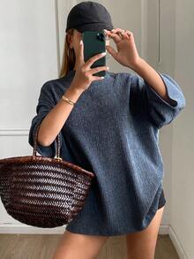 Livesso Áo thun nữ tay ngắn, màu trơn, dáng rộng, thích hợp cho công sở, du lịch và đi làm, mùa xuân/hè. - Màu xanh hải quân - Xem 1