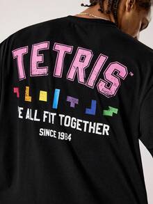 Tetris™ X SHEIN Men's Round Neck Letter & Number Print Casual Versatile Daily Wear Short Sleeve T-Shirt - Black - View 3