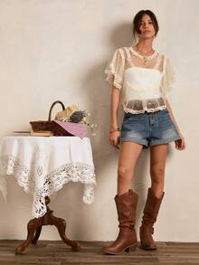 Easelle Apricot-Colored Tulle Ruffled Loose-Fitting Women's Blouse, Perfect For A Vacation Look, Spring/Summer 2026. - Apricot - View 7