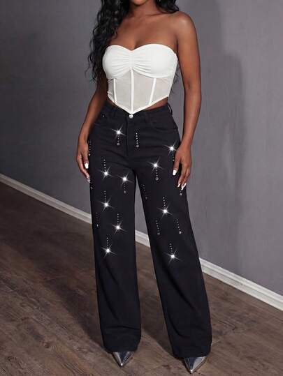 Slaydiva 女士镶钻黑色牛仔裤，春夏款，舒适牛仔面料，女士夏季穿搭