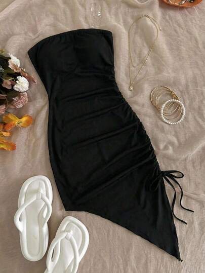 SHEIN Tween Girls' Summer Casual Solid Color Asymmetric Hem Tube Dress