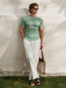 Manfinity Dauomo Hollow Out Round Neck Short Sleeve Casual Sweater, Summer New Arrival - Army Green - View 6