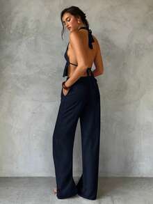 Aloruh Bộ đồ nữ mùa xuân/hè mới màu mơ, gồm áo khoác không tay cổ yếm buộc dây và quần ống rộng đính hạt, thích hợp mặc đi biển/nghỉ dưỡng/thường ngày. - Màu xanh hải quân - Xem 5