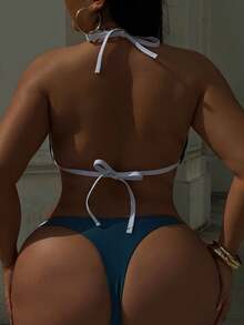 Swim SXY 大码女式两件套纯色挂脖系带性感沙滩度假比基尼泳装 - 綠色 - 查看 2