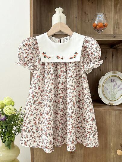 LMoss Kids LMoss   Young Girl Chiffon Ditsy Floral Puff Sleeve Casual Dress Ditzy Floral Dress For Girls Girls White Dress With Red Flowers Girls Ditsy Floral Dress Short Sleeve Little Girl Dresses Girls Pastoral Style Dress