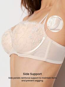 LUVLETTE Lencería de mujer con aros, transpirable y con encaje bordado, sujetador de malla y encaje en color dorado beige sin relleno - Albaricoque - Ver 5