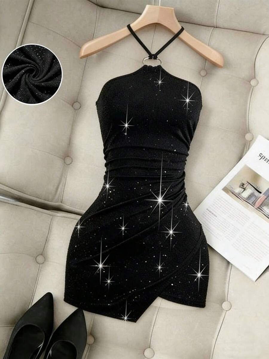 Franclia Luxury And Sexy, Sophisticated Women's Dress With Heavy Sequins, High-End Elegance, Halter Neck Laces, Decorative Buckle, Irregular Hem, And Pleats; Suitable For Spring/Summer, Parties, Vacations, Valentine's Day, And More; Also A Sexy Sleeveless Dress. - Black - View 1