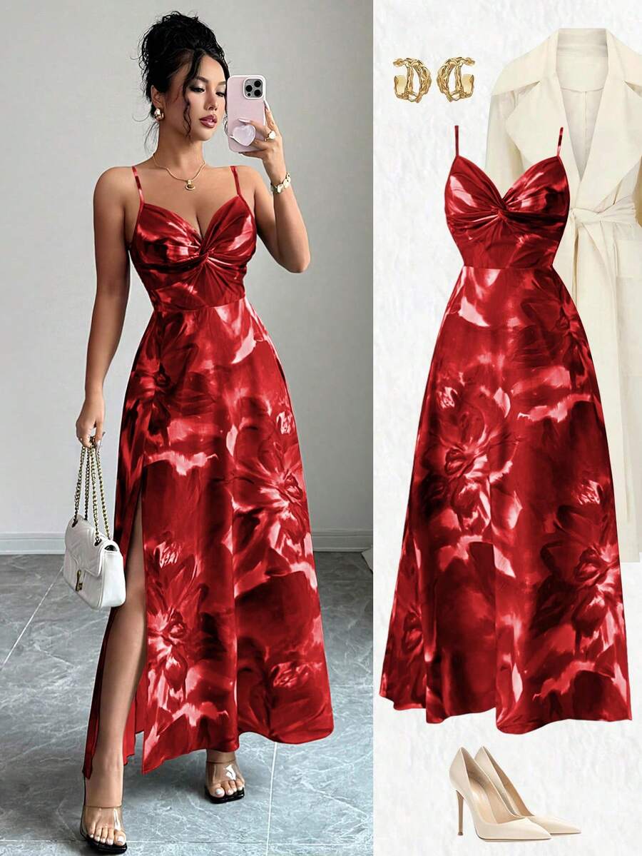 Elenzga Đầm dự tiệc/hẹn hò thanh lịch, chất liệu vải dệt hoa mới, dây mảnh, có thể điều chỉnh phần ngực, thiết kế xoắn, hở lưng, xẻ tà, ôm eo, thích hợp cho nữ. - Đỏ - Xem 1