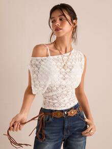 Easelle Women's Fashionable Asymmetrical White Lace T-Shirt, Summer Textured Floral Pattern Off-Shoulder White T-Shirt Top - White - View 7