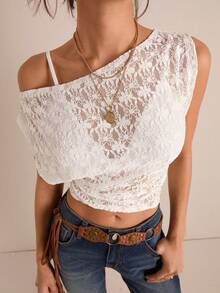 Easelle Women's Fashionable Asymmetrical White Lace T-Shirt, Summer Textured Floral Pattern Off-Shoulder White T-Shirt Top - White - View 8