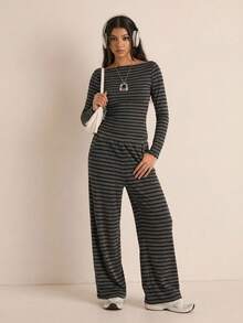 Easelle 2 piezas Conjunto de punto ajustado a rayas grises para mujer - Gris Oscuro - Ver 6