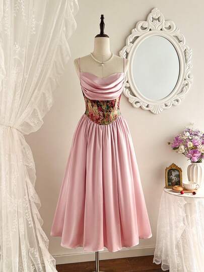 Vintamour Vintage Classic Elegant Women's Dress, Spring/Summer Fitted Patchwork Dress, Pink Umbrella Hem Dress, Spaghetti Strap Dress, Jacquard Dress Pink Dress Rose Dress Spring/Summer Elegant Vacation Dresses For Women Wedding Guest Dress For Women Graduation Dress For Women Festival Outfits For Women