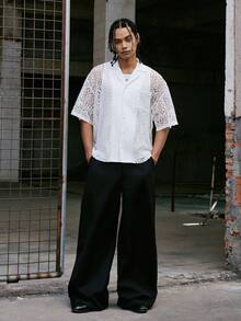 PAVTROS Men's Hollow Out Single-Breasted Casual Versatile Daily Wear Short Sleeve Shirt - Brown - View 3