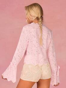 Athîral 女士春夏休闲度假长款喇叭袖提花针织粉色衬衫 - 粉色 - 查看 2