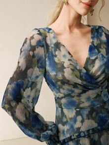 Anewsta Đầm dài tay in hoa, cổ chữ V, eo nhún bèo, xẻ tà, thanh lịch và sang trọng dành cho nữ, màu xanh dương. - Màu xanh lam - Xem 1