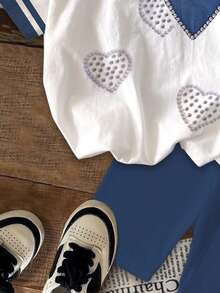 Set de 2 piezas, parte superior gráfica con estampado de corazón y amor minimalista informal para niña preadolescente, y shorts a juego, adecuado para verano, conjuntos a juego con hermana, apropiado para vacaciones, fiestas y uso diario - Multicolor - Ver 5