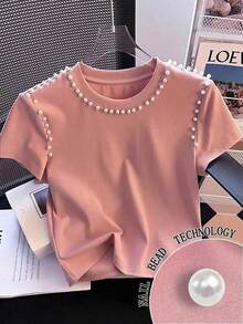 SHEIN Teen Girls' Pink Knit Round Neck Short Sleeve White Beaded Elegant Versatile Blouse T-Shirt, Spring/Summer - Pink - View 1