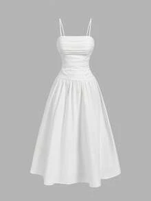 SHEIN MOD Women's White Pleated Spaghetti Strap Dress - White - View 2