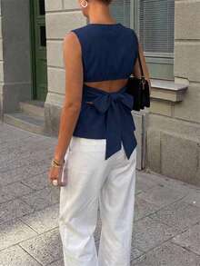 Aloruh 女士休闲纯色无袖衬衫 - 藏蓝色 - 查看 6