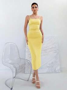 Aloruh Backless Tie-Back Spaghetti Strap Dress, Stretchy, Summer - Light Yellow - View 4