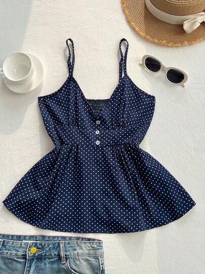 Elamini Top camisero elástico con escote en V y estampado de lunares, de corte entallado y línea A, para mujer, primavera/verano