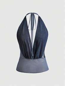 ROMWE Spring/Summer Y2K Retro Glitter Contrast Mesh Deep Draped Neck Draped Neck Tank Top For Women - Grey - View 4
