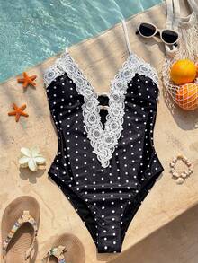 Swim Mod 新款波点蕾丝边连体泳衣，性感V领系带腰身，适合海滩、度假、约会 - 黑色 - 查看 4