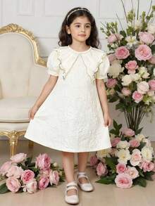 Đầm bé gái mùa xuân/hè/thu thanh lịch, tối giản, chất liệu vải dệt nổi, màu mơ, cổ áo thêu ngọc trai và đá pha lê, tay phồng, thích hợp cho mùa xuân/hè, kiểu dáng tối giản, thanh lịch, duyên dáng, phù hợp cho đi học, dã ngoại, kỳ nghỉ, tiệc tùng, lễ hội. - Màu be - Xem 3
