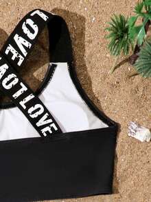SHEIN 两件套少女简约设计交叉绑带上衣，饰有LOVE字样织带，彩色印花泳装，时尚独特，适合游泳、度假、夏季穿着，必备泳装单品 - 黑色 - 查看 4