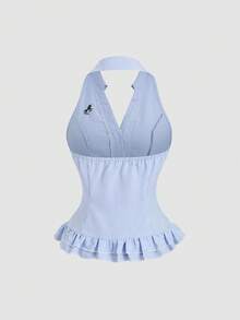 Sweetra Women's Sleeveless Tank Top With Embroidered Striped Pattern, Summer - Blue - View 2