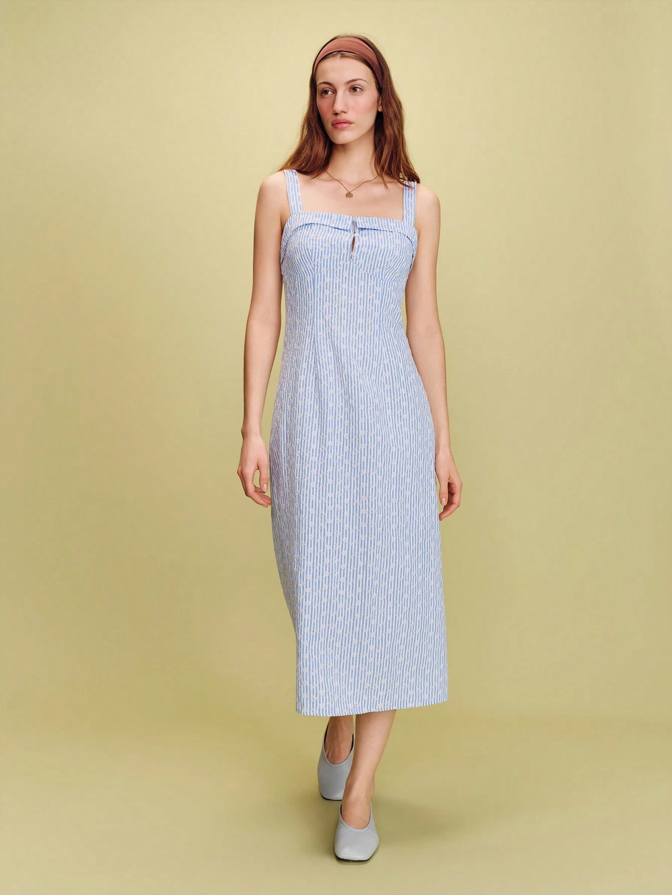 Sleeveless Striped Midi Dress With Floral Print And Buttons On The Chest For Spring Summer Vacation Spring Summer French Style Parisian Style