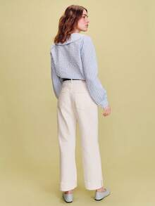 lacRébo Áo sơ mi kẻ caro cổ búp bê viền ren, phong cách Pháp mùa xuân hè, phong cách Paris. - Màu xanh nhạt - Xem 2