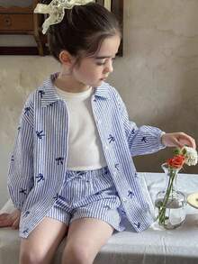 LMoss Kids LMoss 3件組少女編織條紋休閒襯衫、吊帶背心與短褲套裝，適合少女 - 藍白色 - 查看 3